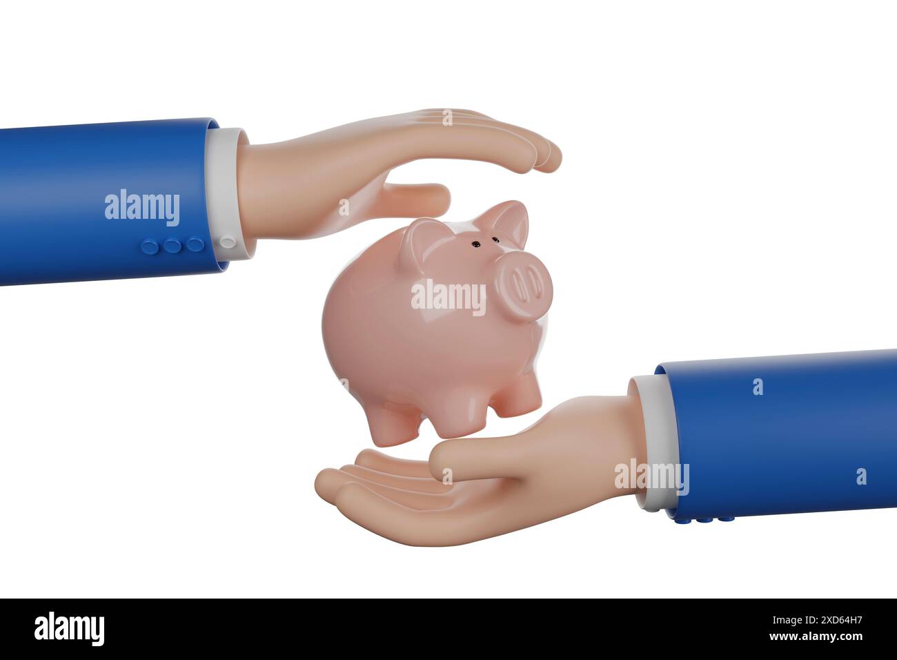 Le mani dei cartoni animati proteggono un salvadanaio. illustrazione 3d. Foto Stock