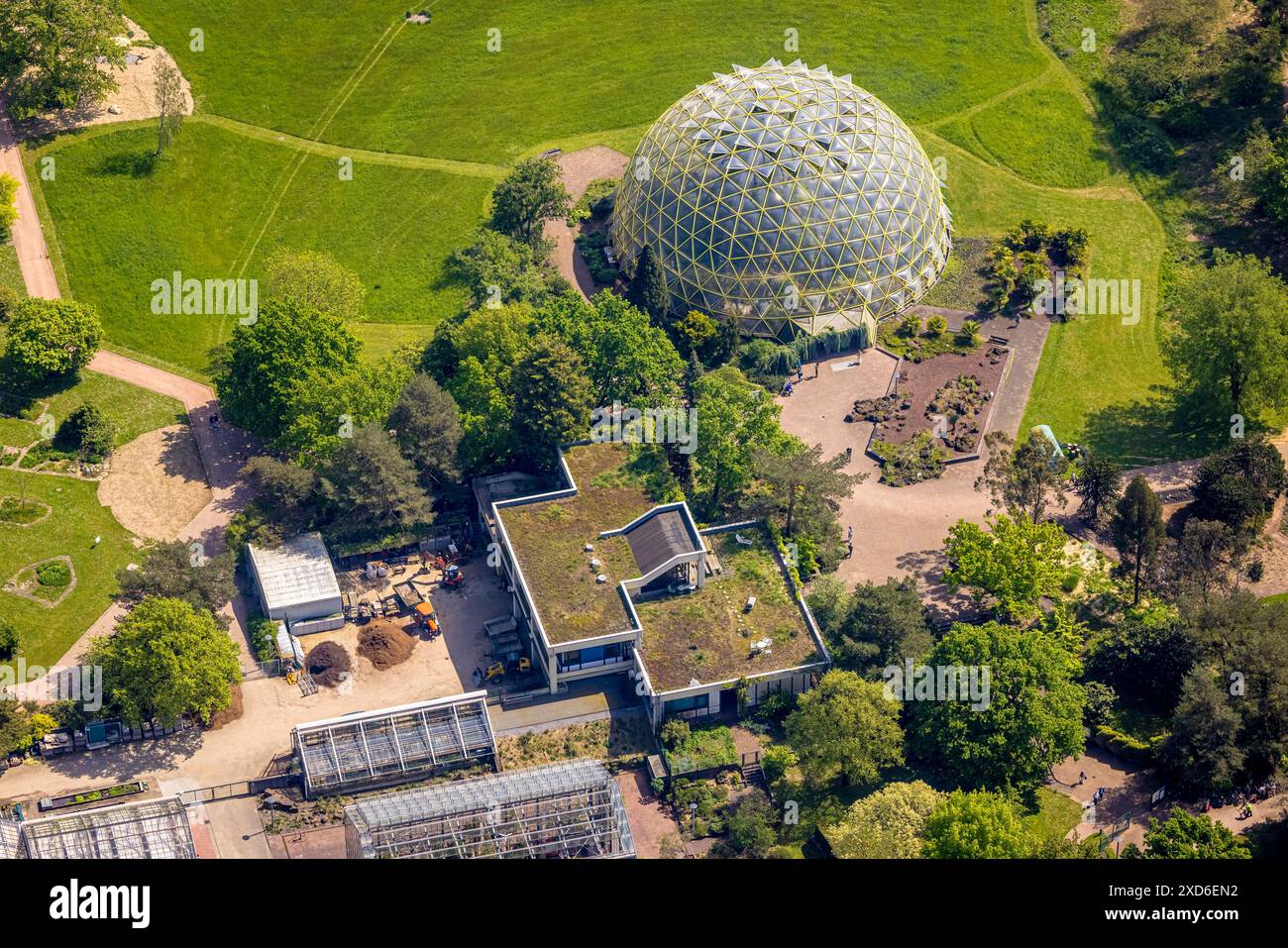 Vista aerea, giardino botanico a cupola, Bilk, Düsseldorf, Renania, Renania settentrionale-Vestfalia, Germania, Germania, GERMANIA, Europa, foto aerea, fotogr. aerea Foto Stock