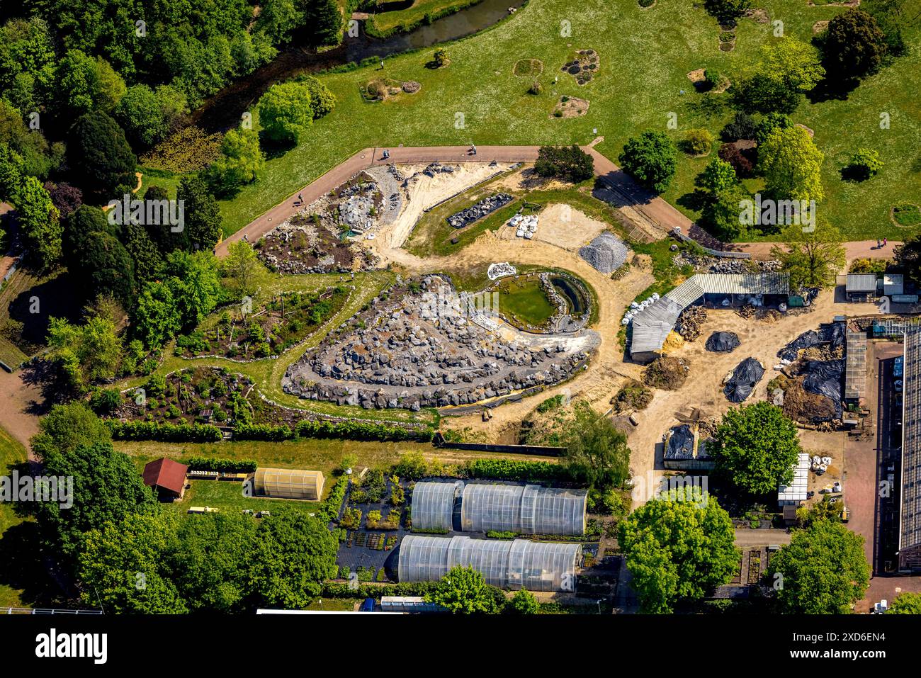 Vista aerea, giardino botanico dell'Alpinum, Bilk, Düsseldorf, Renania, Renania settentrionale-Vestfalia, Germania, foto aerea, Alpinum, allegato, giardino botanico Foto Stock