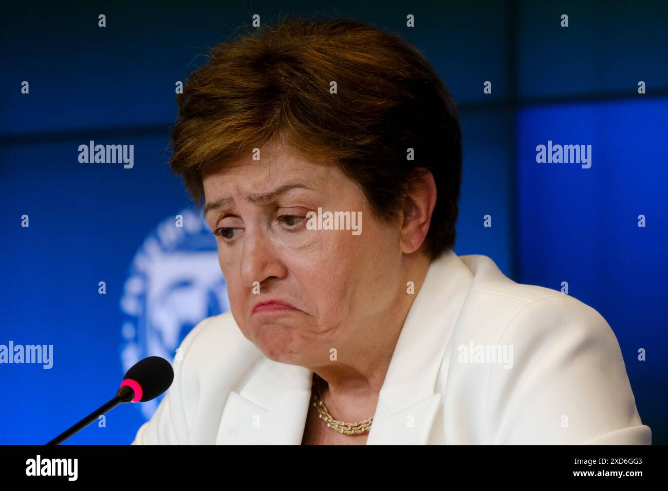 Lussemburgo, Lussemburgo. 20 giugno 2024. Kristalina Georgieva, amministratore delegato del Fondo monetario internazionale (FMI), interviene in una conferenza stampa a seguito di una riunione dell'Eurogruppo a Lussemburgo, giovedì 20 giugno 2024. Crediti: ALEXANDROS MICHAILIDIS/Alamy Live News Foto Stock