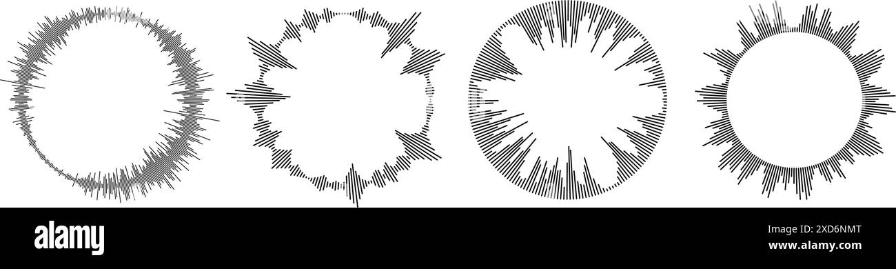Set di schemi delle onde sonore radiali. Raccolta di icone audio circolare, musica o voce. Pacchetto simboli dello spettro equalizzatore rotondo. Fascio di raggi solari circolari. Elementi centrali ondulati neri vettoriali Illustrazione Vettoriale