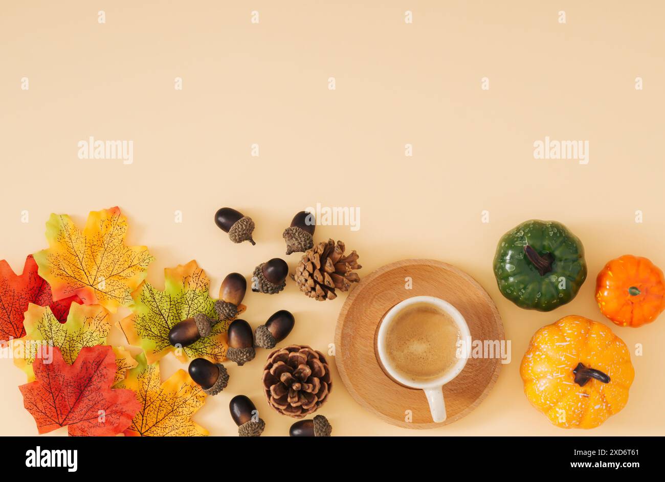 Scena autunnale o autunnale con tazza di caffè, foglie autunnali colorate, varie zucche, pinne e noci con spazio per copiare su sfondo beige pastello. Foto Stock