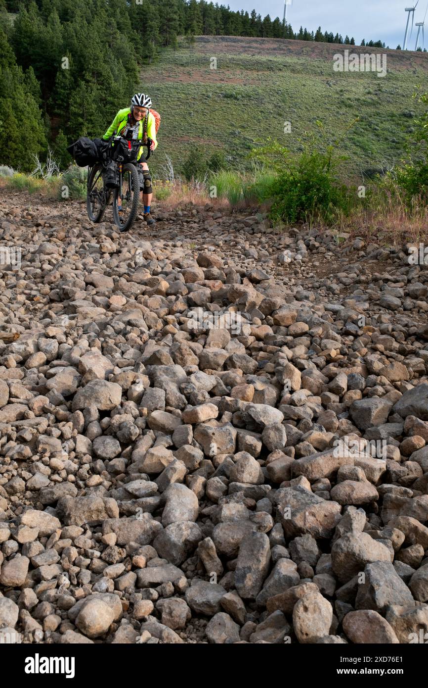 WA24881-00....... WASHINGTON -Vicky Spring si trova in una strada rocciosa fino alla Clockum Wildlife area. Parte del percorso Cross Washington Mountain Bike. N. MR Foto Stock