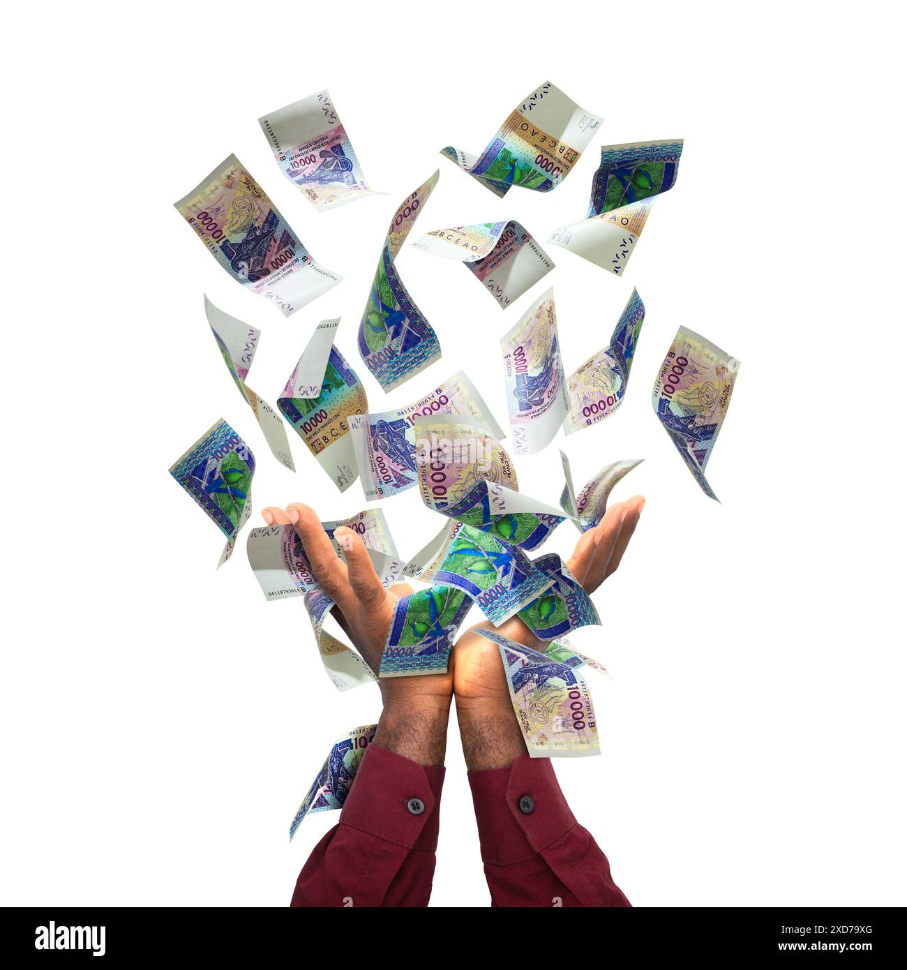 Banconote del franco CFA dell'Africa centrale che cadono in mani maschili nere isolate su sfondo trasparente. banconote 3d, vino, camicia, rosso, maniche lunghe, dita Foto Stock