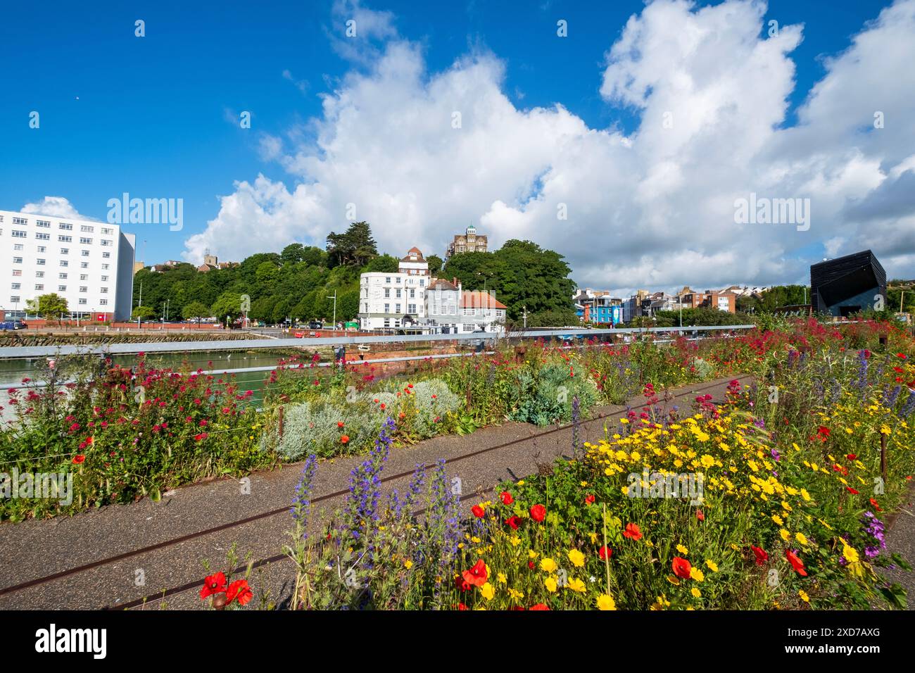 Folkestone Harbour, Kent, Regno Unito. Il vecchio viadotto ferroviario per i treni in barca verso il continente, ora pedonale e piantato di fiori. Foto Stock