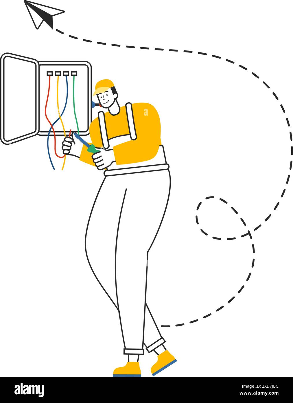 Illustrazione del vettore di illuminazione ed elettricità con una lampadina, una lampada e un armadietto del pannello di servizio per la manutenzione dell'energia per il lavoro elettrico del tecnico Illustrazione Vettoriale