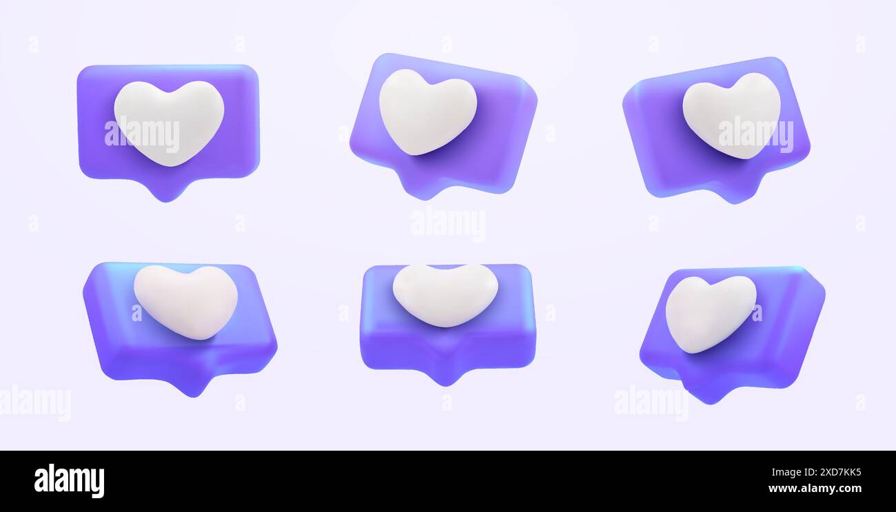 casella di testo cuore viola con rendering 3d, icona cuore, notifica social media love, emoticon nella chat box. Imposta come un'icona a forma di cuore su una spilla viola. Icona a forma di cuore con la bolla vocale. Illustrazione vettoriale Illustrazione Vettoriale