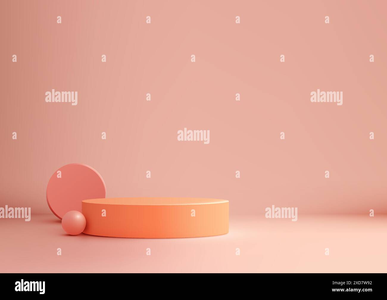 Podio rotondo 3D minimo su sfondo rosa con elementi circolari e sferici per l'esposizione di prodotti moderni, il Mockup e la vetrina Illustrazione Vettoriale