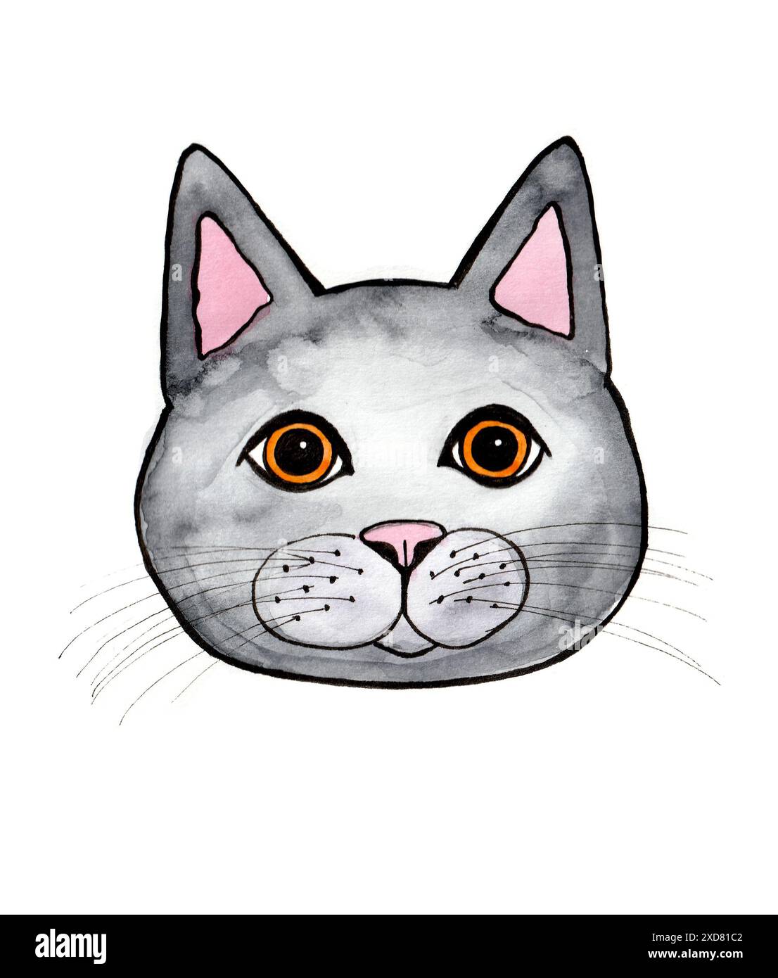 Illustrazione di un ritratto di gatto. Contorno nero. Colore grigio. Isolato su sfondo bianco. Testa divertente. Guarda davanti. Grandi occhi arancioni. Orecchio rosa e numeri Foto Stock