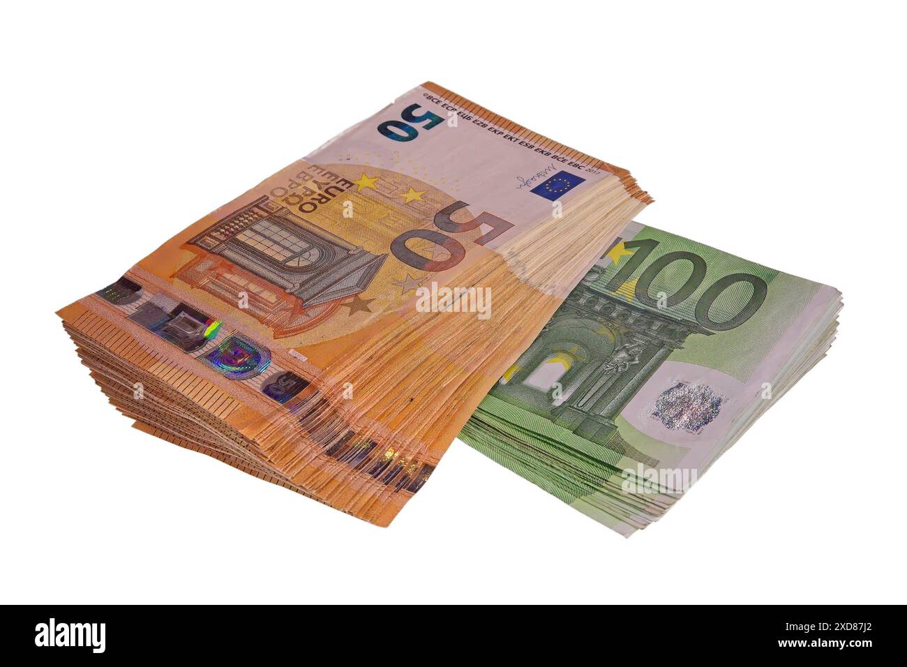 Primo piano di pile di banconote da 50 e 100 euro. Foto Stock