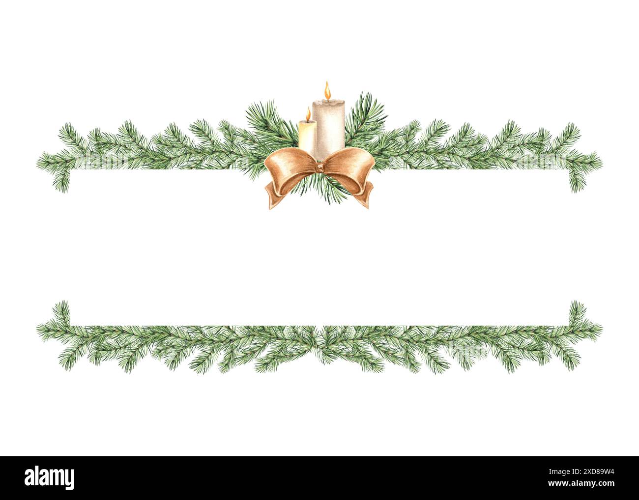 Il ramo dell'abete rosso e le candele ornano di fiocco. Cornice vintage. Illustrazione ad acquerello disegnata a mano. Natale, Capodanno decorando Pine, ramoscello di Fir Foto Stock