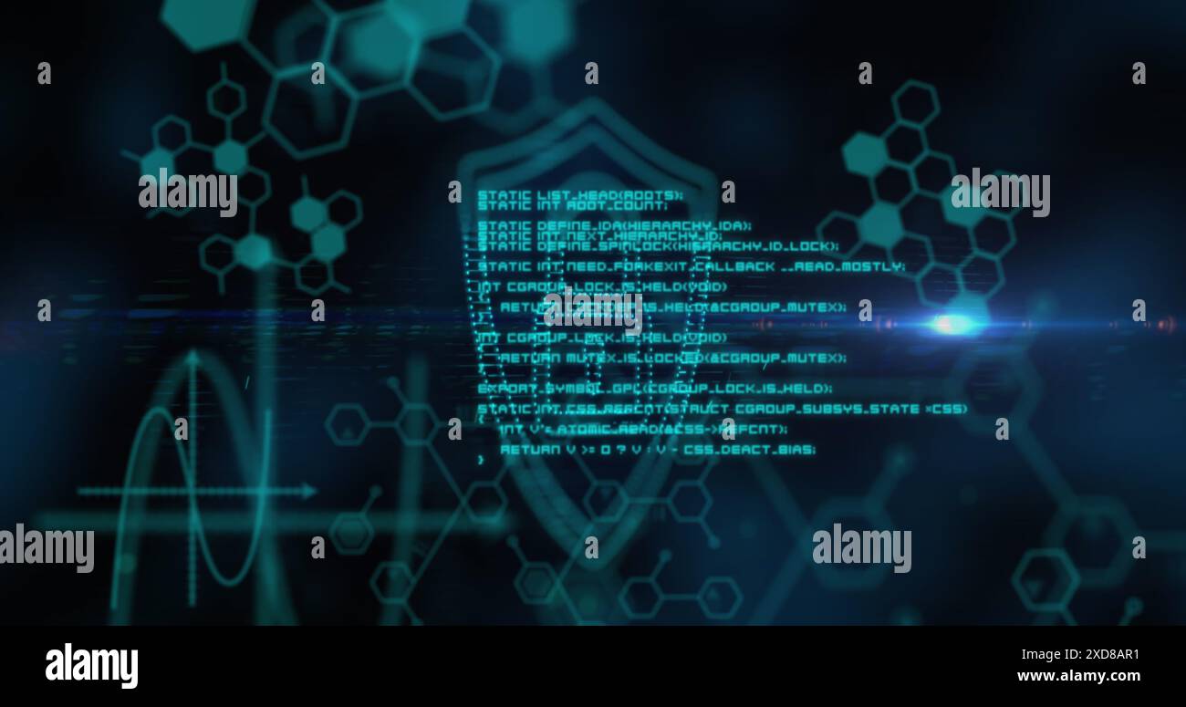 Immagine dell'icona del lucchetto di sicurezza, delle strutture chimiche e dell'elaborazione dei dati su sfondo blu Foto Stock