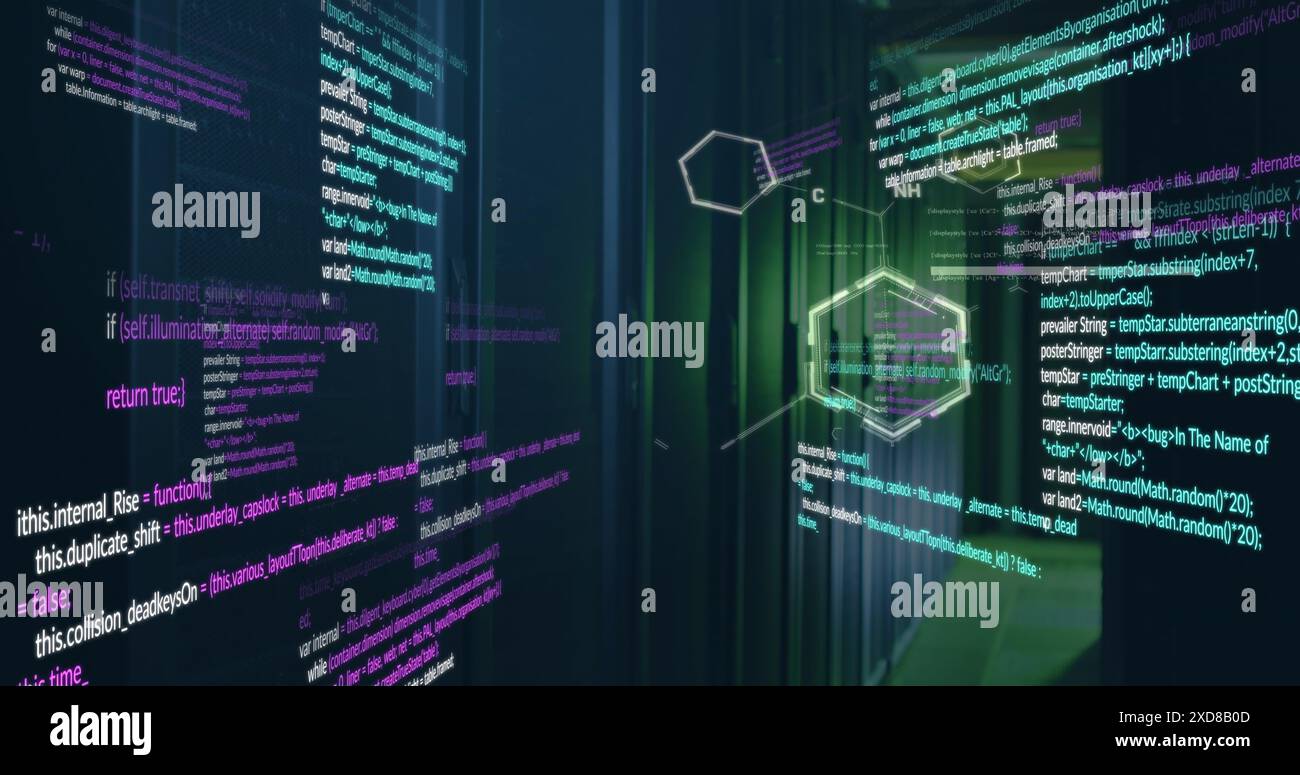 Reti di comunicazione ed elaborazione dei dati in una sala server buia Foto Stock