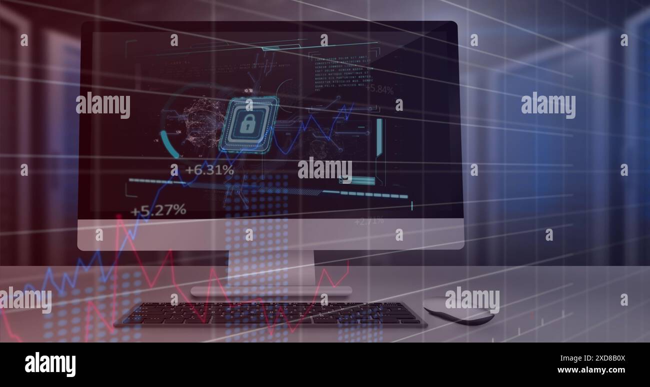 Immagine dell'elaborazione dei dati statistici a fronte dell'icona del lucchetto di sicurezza sullo schermo del computer Foto Stock