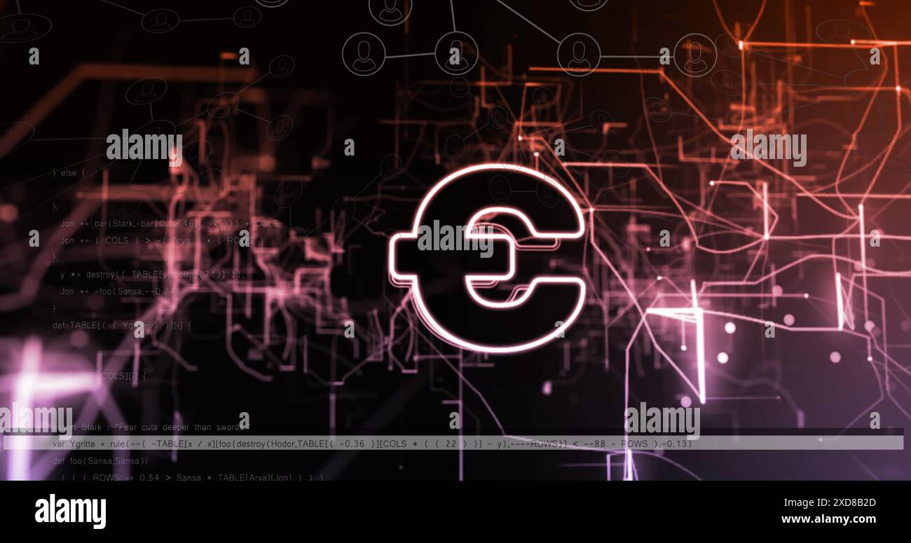 Immagine dell'effetto vhs rispetto al simbolo euro rispetto all'elaborazione dei dati e alle tracce luminose Foto Stock