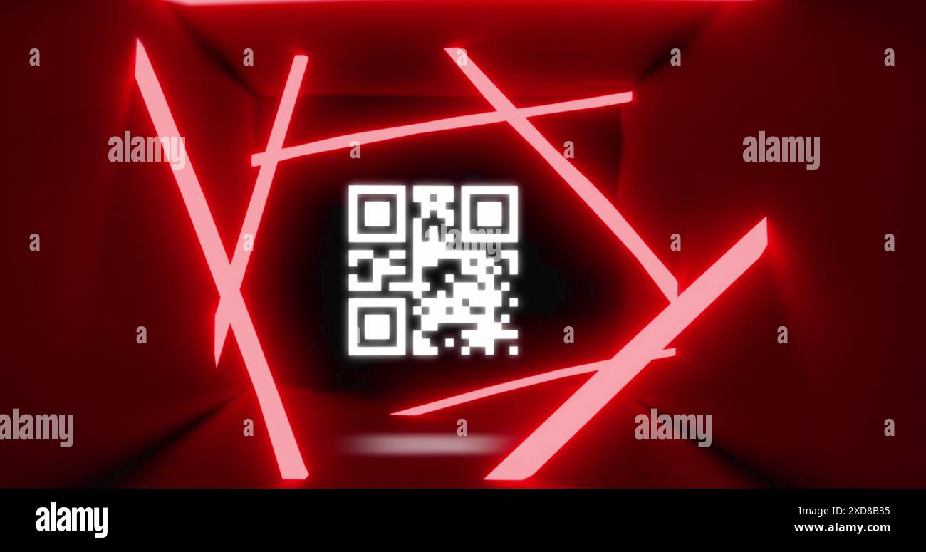 Immagine del codice qr e delle linee al neon su sfondo nero Foto Stock