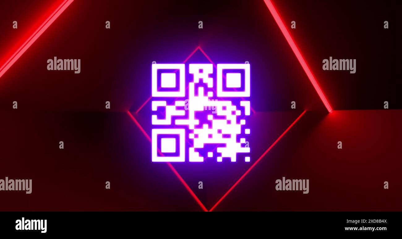 Immagine del codice qr e delle linee al neon su sfondo nero Foto Stock