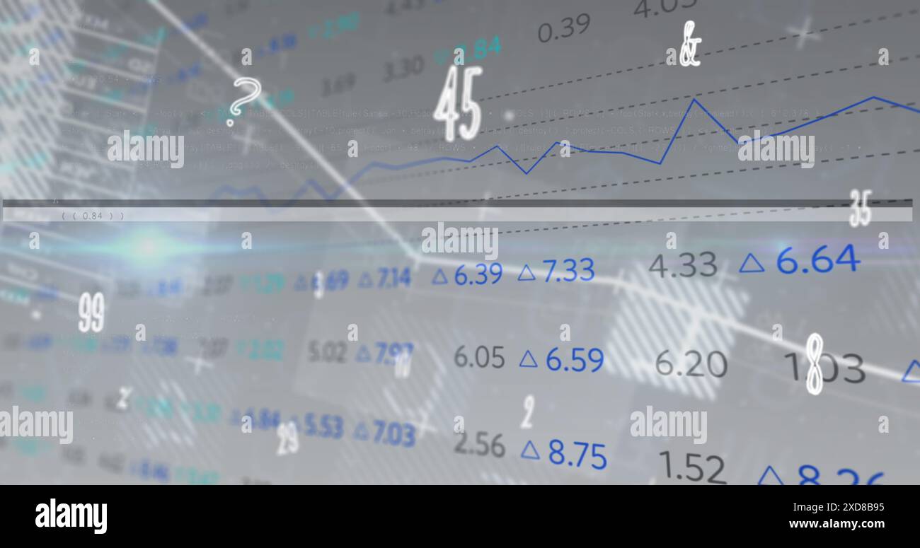 Immagine dell'effetto vhs sull'elaborazione dei dati del mercato azionario e dei numeri su sfondo grigio Foto Stock