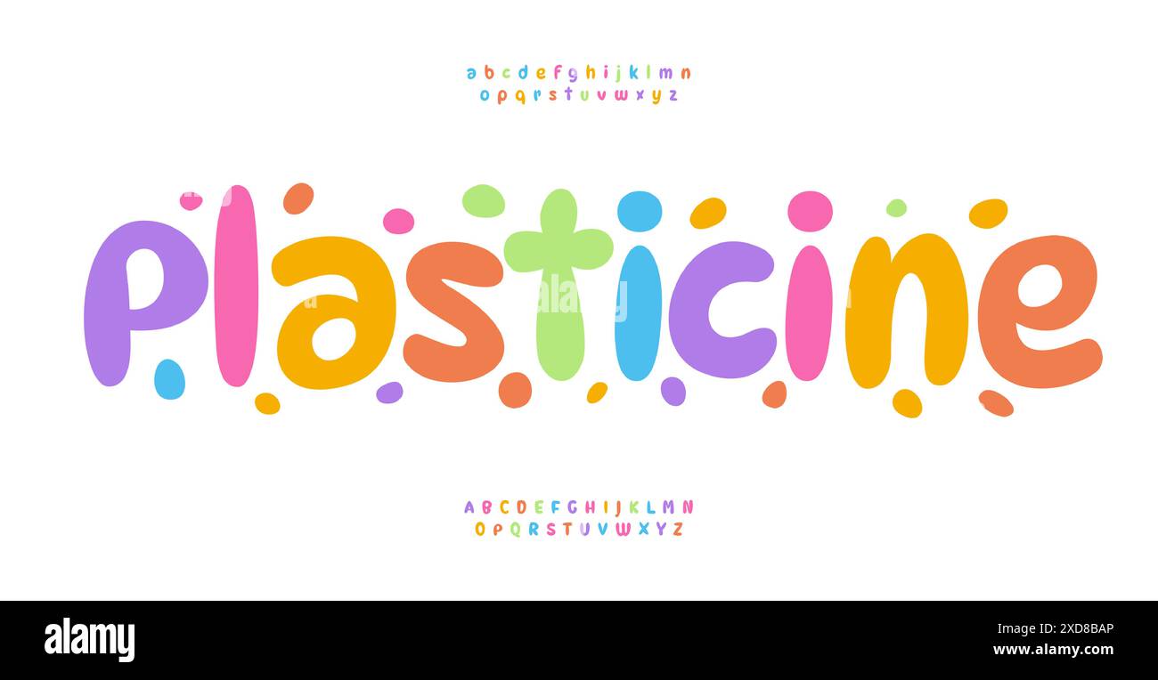 Allegro alfabeto in plastica lettere rotonde vivaci per l'educazione dei bambini. Allegro carattere in argilla per un logo moderno e allegro, una tipografia creativa, colorato Illustrazione Vettoriale