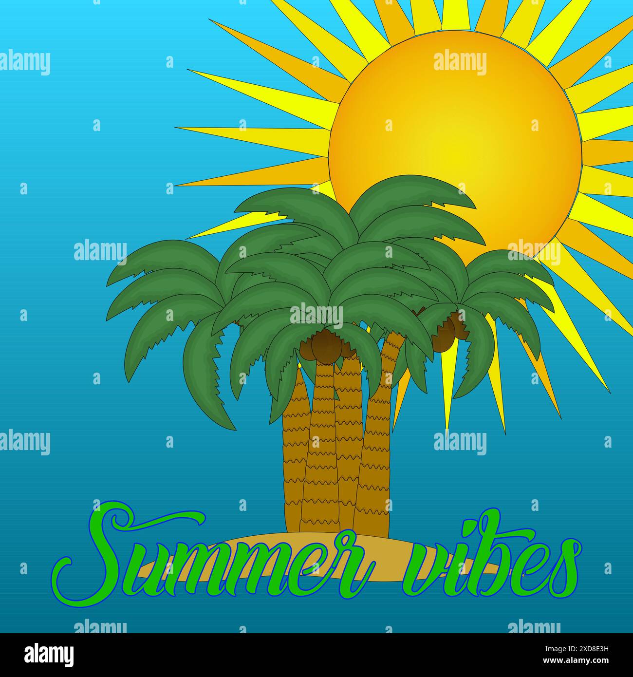 Vibrante illustrazione vettoriale di un'isola tropicale con palme e un sole luminoso, che cattura l'essenza delle vibrazioni estive. Illustrazione Vettoriale