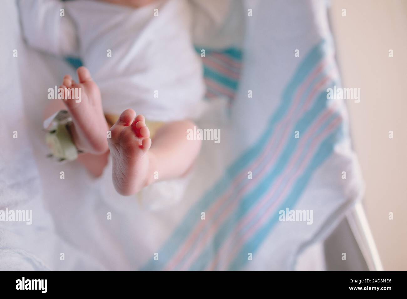 Primo piano dei piedi di un neonato in una culla ospedaliera Foto Stock