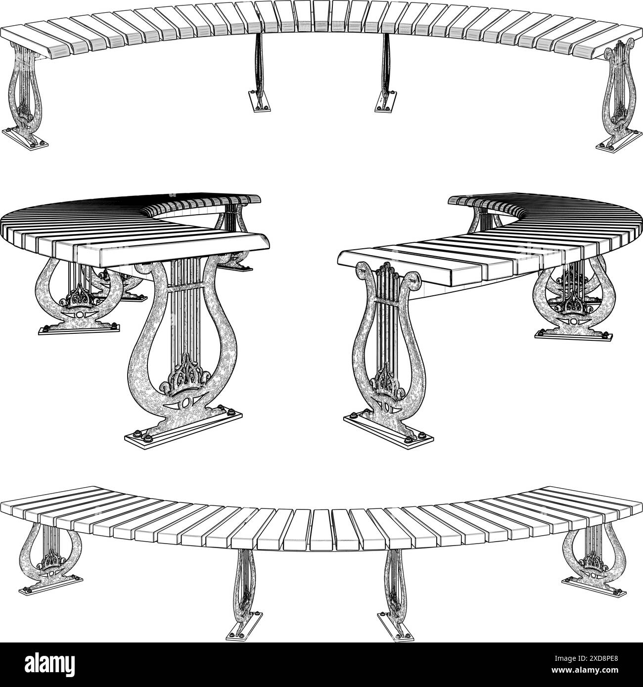 Park Round Bench Vector. Panca con gambe a forma di lira per strumenti musicali. Illustrazione Vettoriale