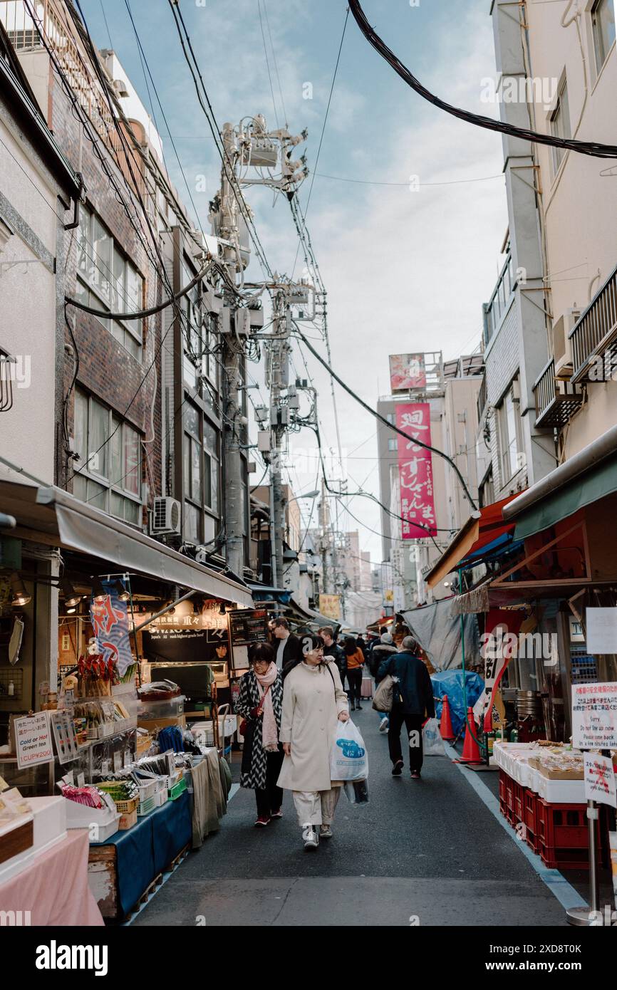 Mercato di strada affollato nel quartiere tradizionale di Tokyoâ Foto Stock