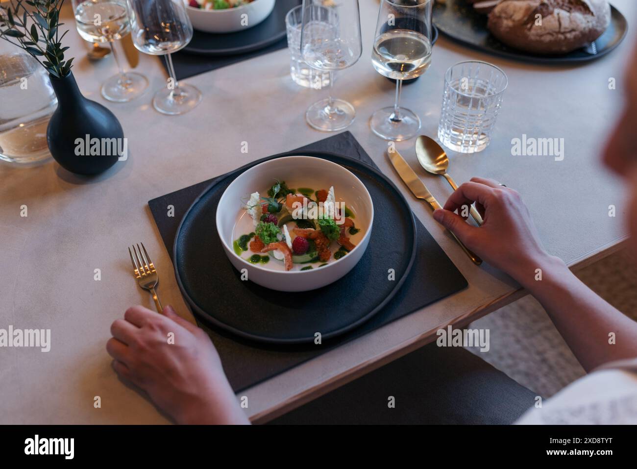 Elegante ambiente da tavola con cibo e vino gourmet in una zona pranzo Foto Stock