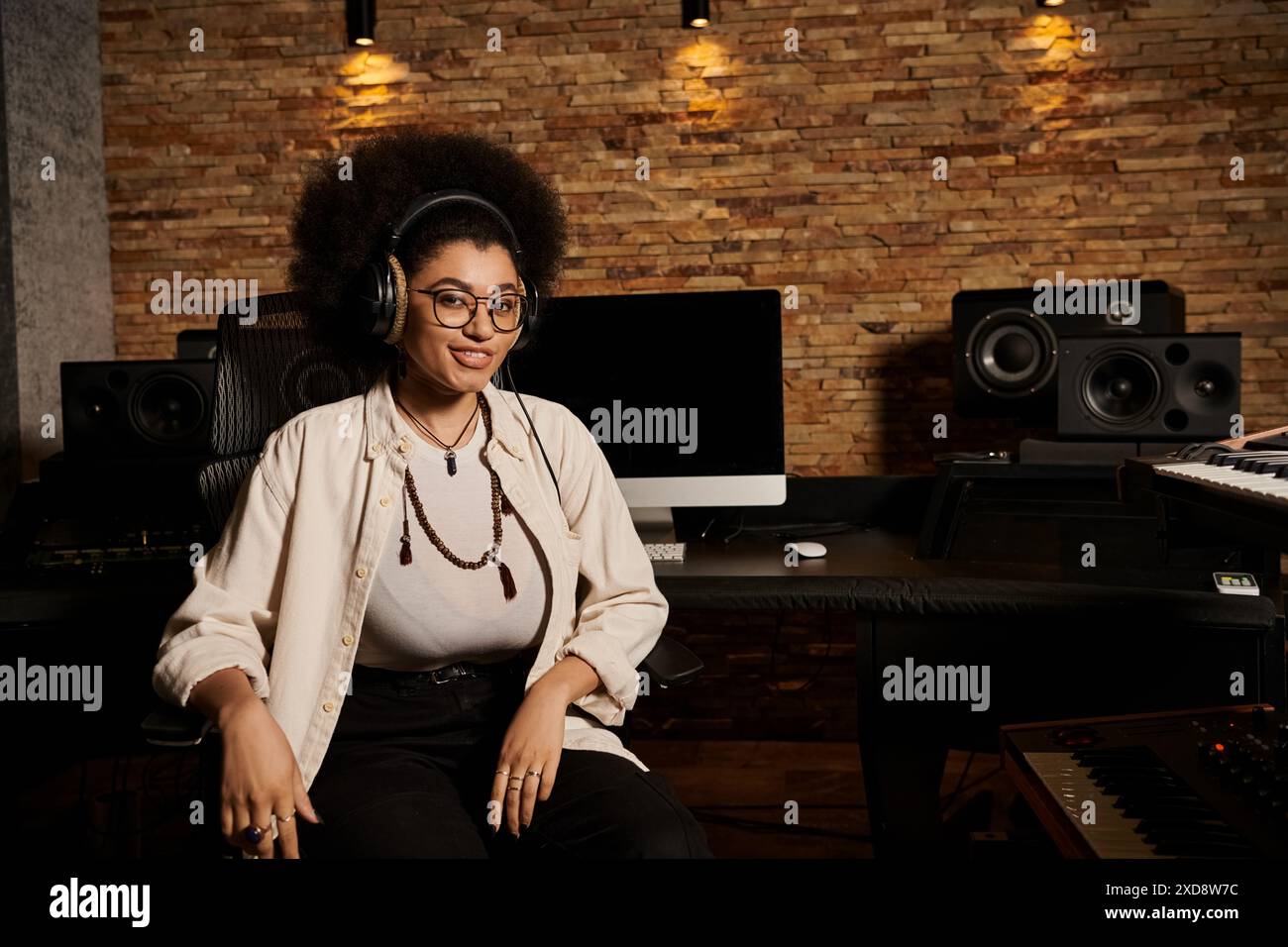 Una donna con i capelli afro siede in uno studio di registrazione durante una sessione di prove di una band musicale, persa nel processo di creazione della musica. Foto Stock