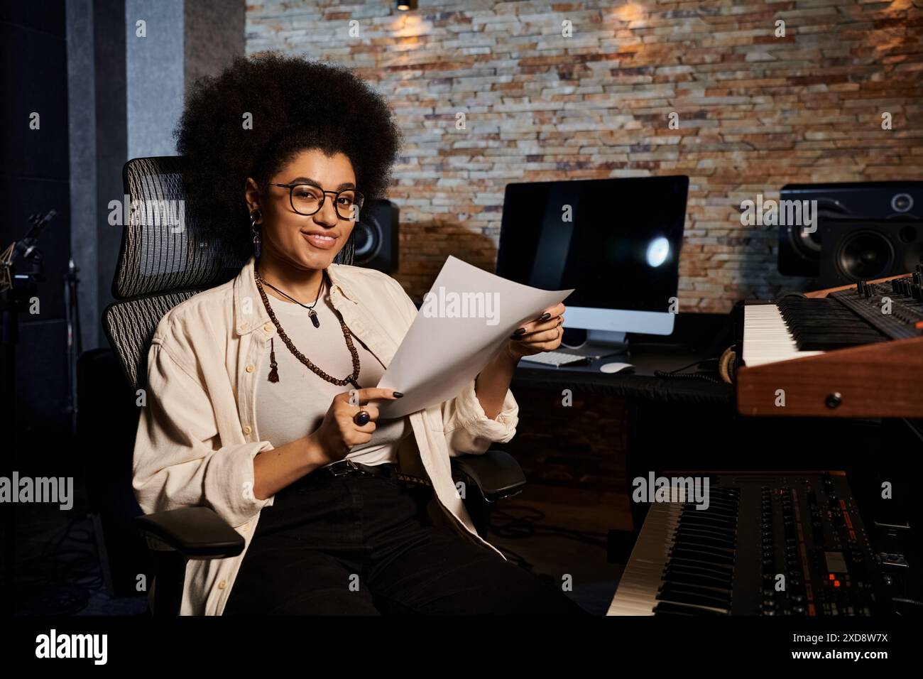 Una donna in occhiali siede di fronte a uno studio di musica durante le prove di una band, circondata da strumenti musicali. Foto Stock
