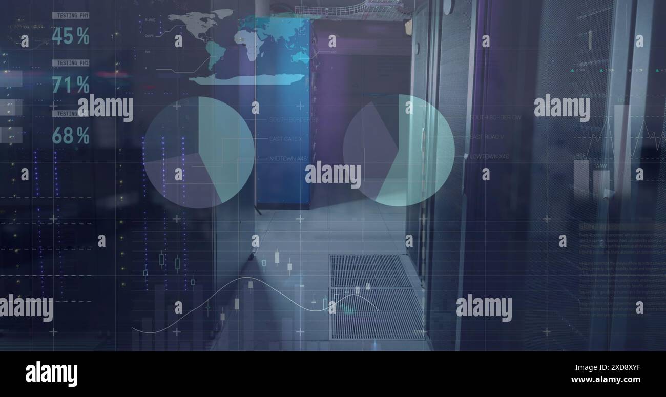 Immagine dell'elaborazione dei dati statistici sulla rete di rete rispetto alla sala server del computer Foto Stock