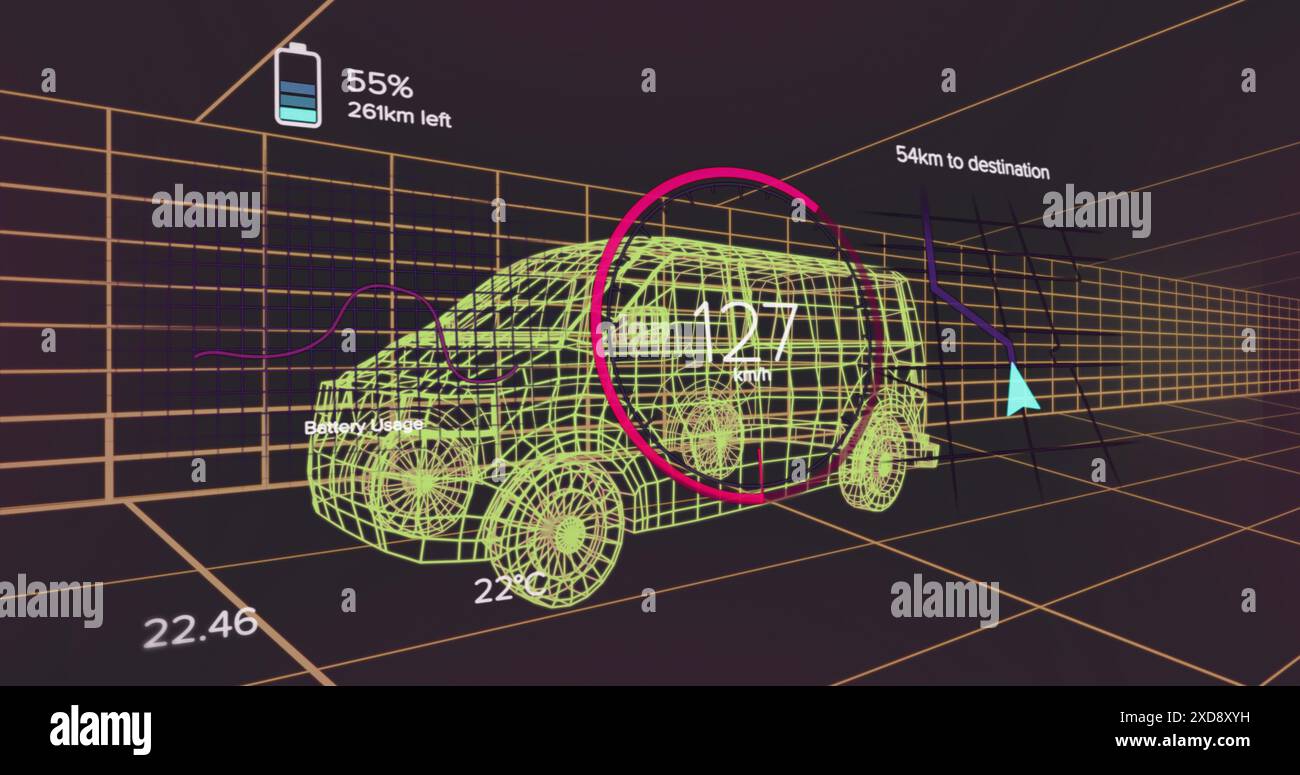 Immagine del cerchio di carico con numeri e icona della batteria sul modello 3d del furgone rispetto al modello a griglia Foto Stock