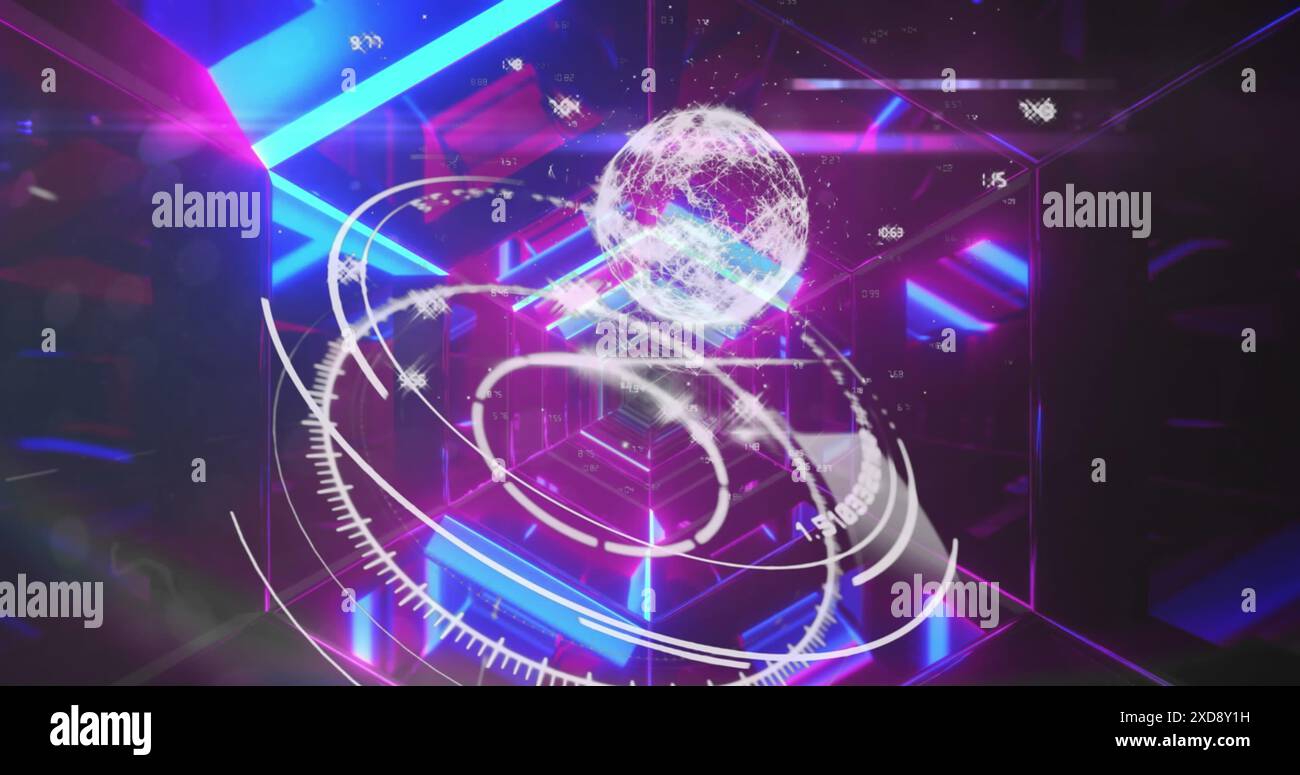 Immagine del globo su cerchi sopra esagoni illuminati a ciclo continuo tunnel sullo sfondo Foto Stock