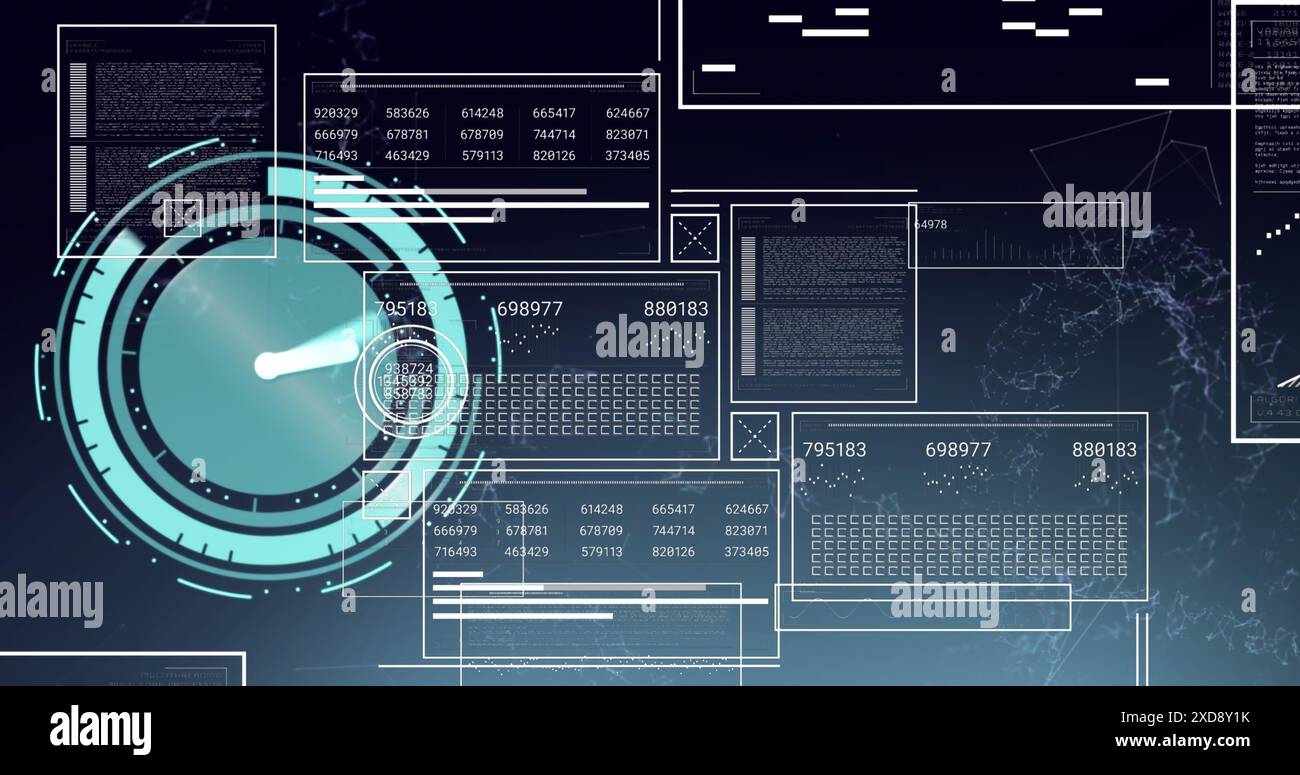 Immagine dell'orologio e delle icone a freccia al neon rispetto all'interfaccia con l'elaborazione dei dati Foto Stock