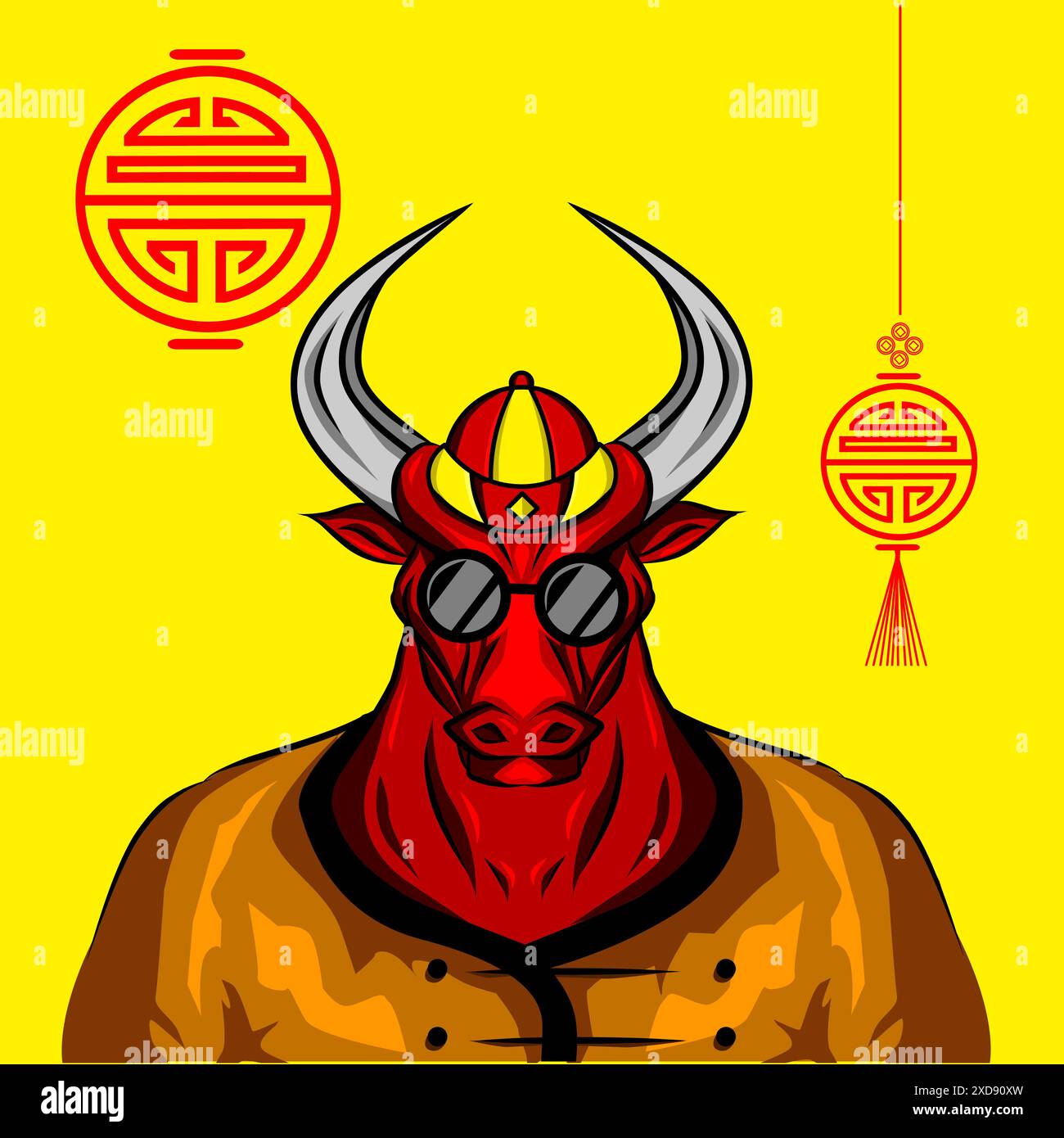 Bue selvatico toro di mucca di bufalo simbolo zodiaco cinese, mascotte con logo sul nuovo anno lunare. Illustrazione Vettoriale