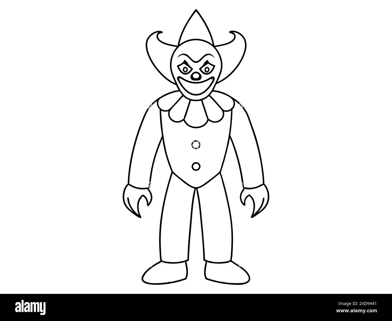 Contorno nero del clown malvagio con un sordo raccapricciante isolato su sfondo bianco. Concetto di Halloween, performer circense, horror, personaggio spaventoso. Stampa Illustrazione Vettoriale