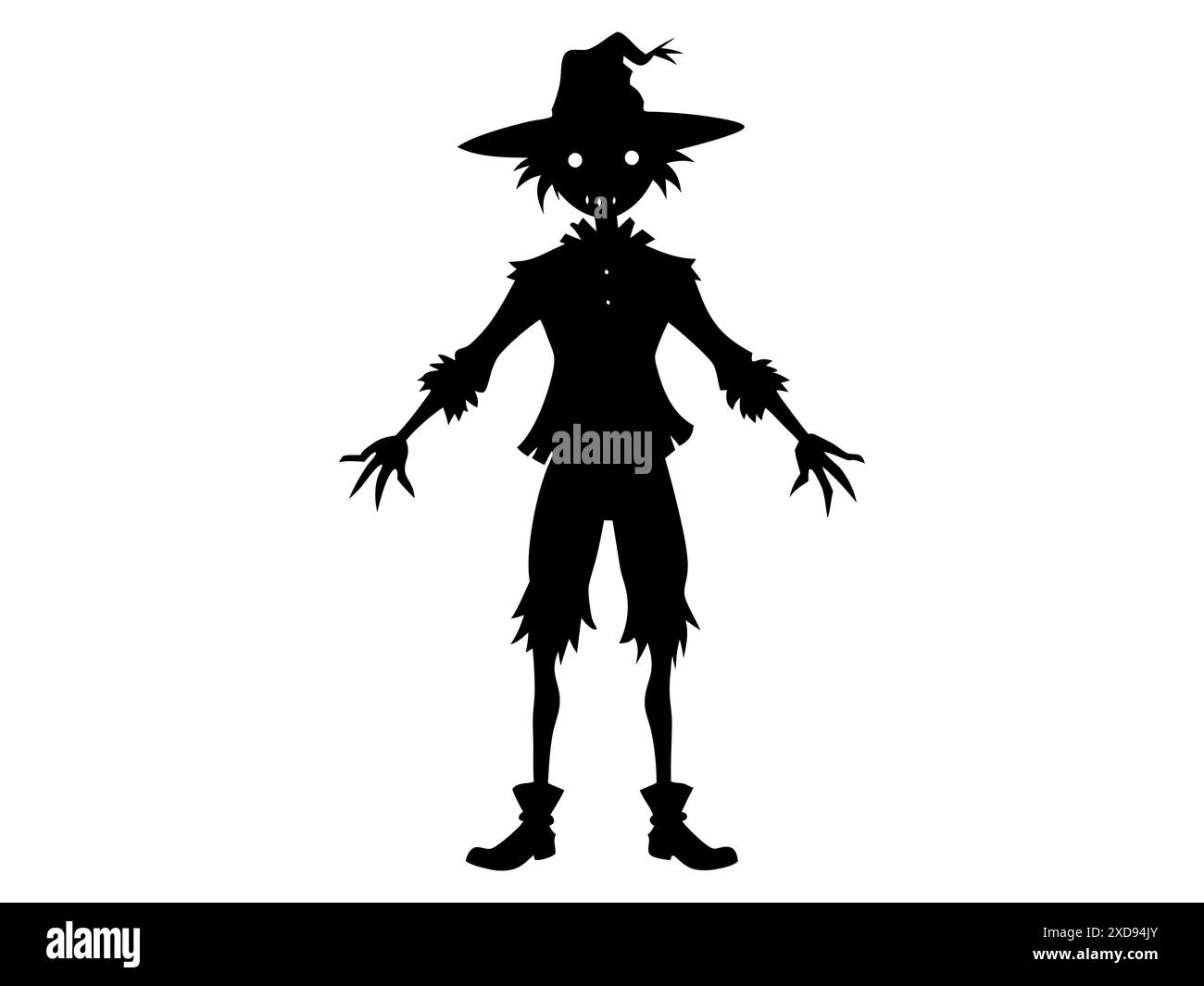 Silhouette nera dello spaventapasseri dei cartoni animati con cappello da strega e abbigliamento isolato su sfondo bianco. Concetto di Halloween, autunno, personaggio spettrale, Farm dec Illustrazione Vettoriale