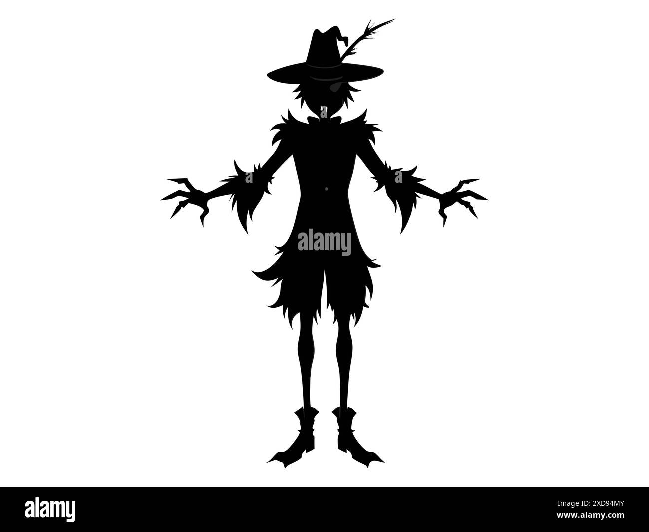 Silhouette nera dello spaventapasseri dei cartoni animati con cappello da strega e abbigliamento isolato su sfondo bianco. Concetto di Halloween, autunno, personaggio spettrale, Farm dec Illustrazione Vettoriale