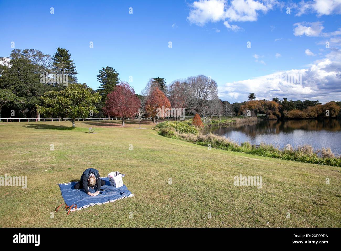 Centennial Park con lago e modella rilasciata donna che si estende su un tappeto da picnic sull'erba, Randwick, Sydney, NSW, Australia Foto Stock