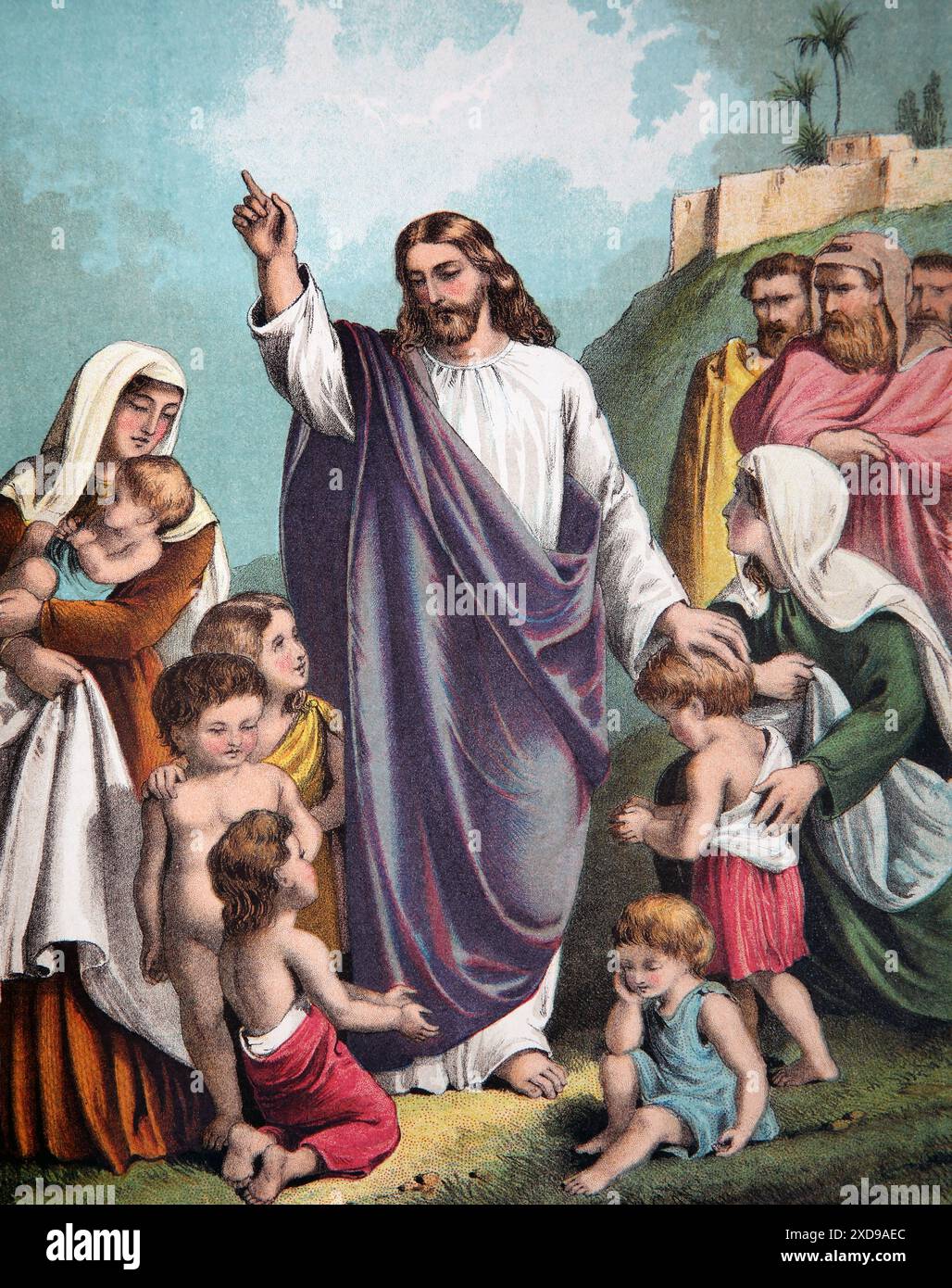 Illustrazione di Gesù Cristo Benedizione bambini piccoli (Vangelo di Marco) nuovo Testamento dalla Bibbia di famiglia autointerpretante di Brown del XIX secolo Foto Stock