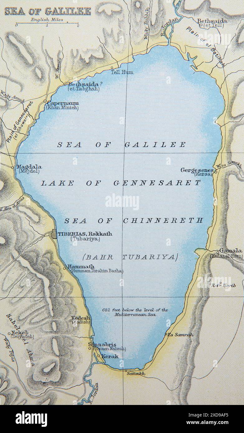 Mappa del Mare di Galilea del XIX secolo nella Bibbia antica di famiglia autoesplicativa Foto Stock