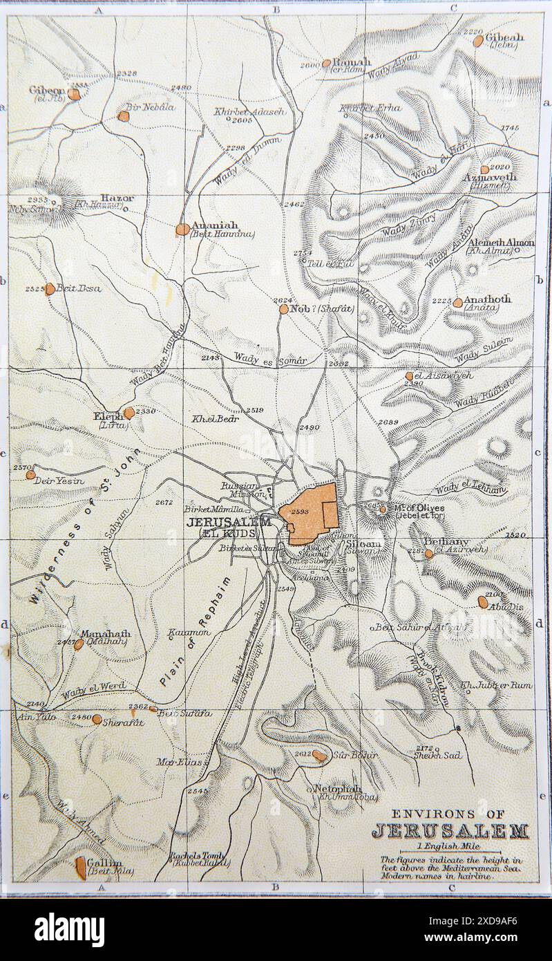 Mappa degli ambienti di Gerusalemme del XIX secolo nella Bibbia antica di famiglia autoesplicativa Foto Stock