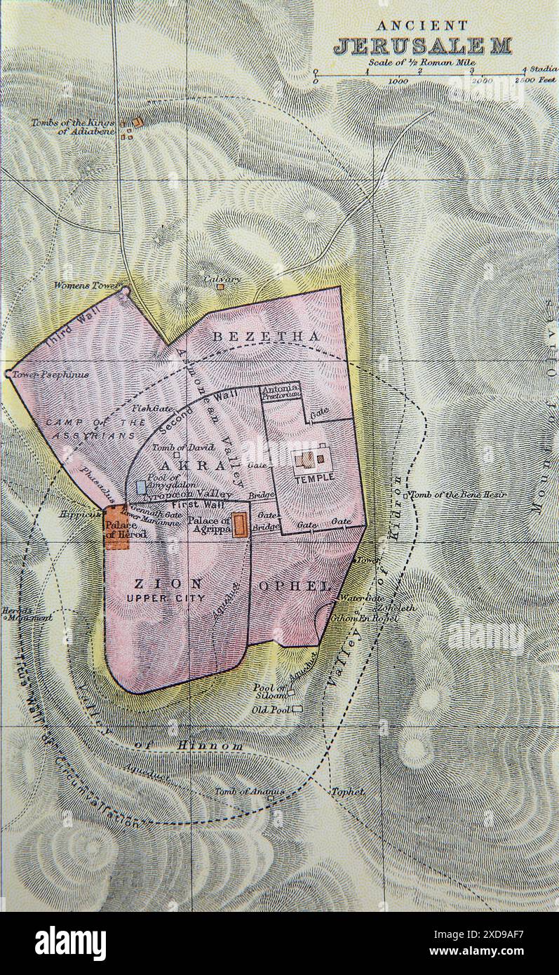 19th Century Mappa dell'Antica Gerusalemme Israele nella Antica Bibbia di famiglia autoesplicativa Foto Stock