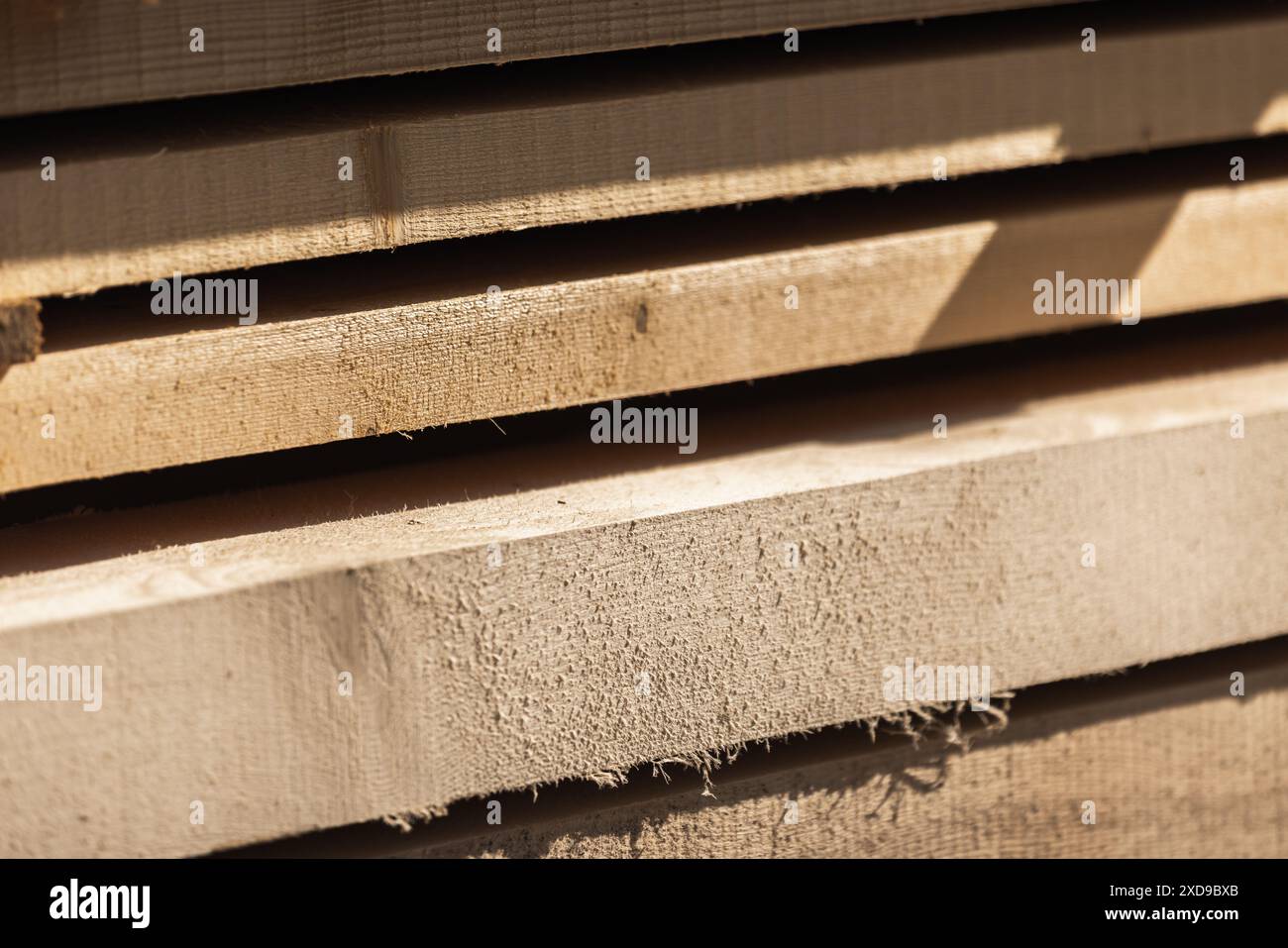 Pannelli di legno impilati primo piano foto con messa a fuoco selettiva, legno come materiale da costruzione Foto Stock
