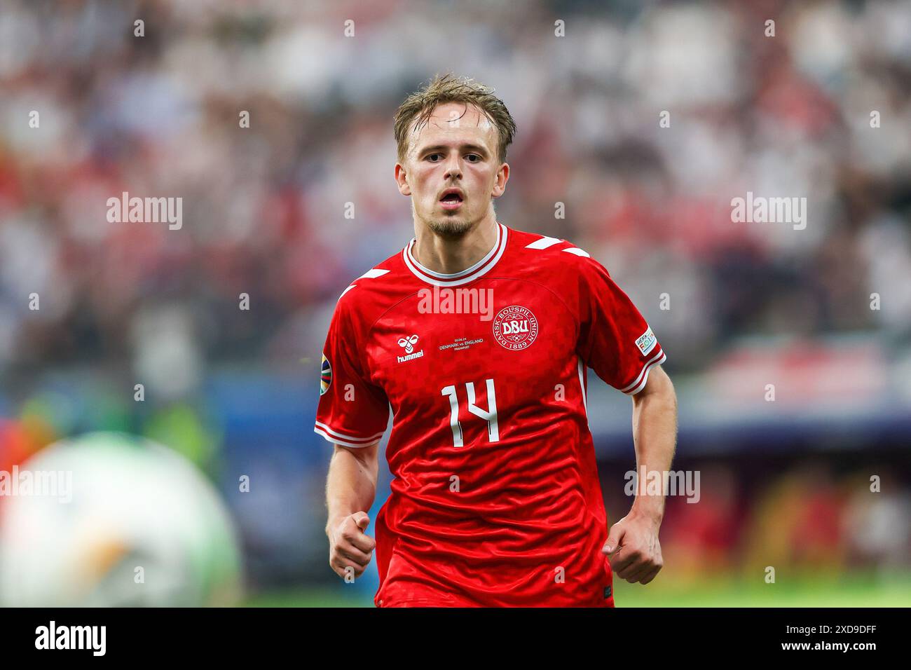 Francoforte, Germania. 20 giugno 2024. Mikkel Damsgaard di Danimarca visto durante la partita UEFA EURO 2024 tra Danimarca e Inghilterra al Deutsche Bank Park (Francoforte sul meno). Punteggio finale: Danimarca 1:1 Inghilterra. (Foto di Grzegorz Wajda/SOPA Images/Sipa USA) credito: SIPA USA/Alamy Live News Foto Stock