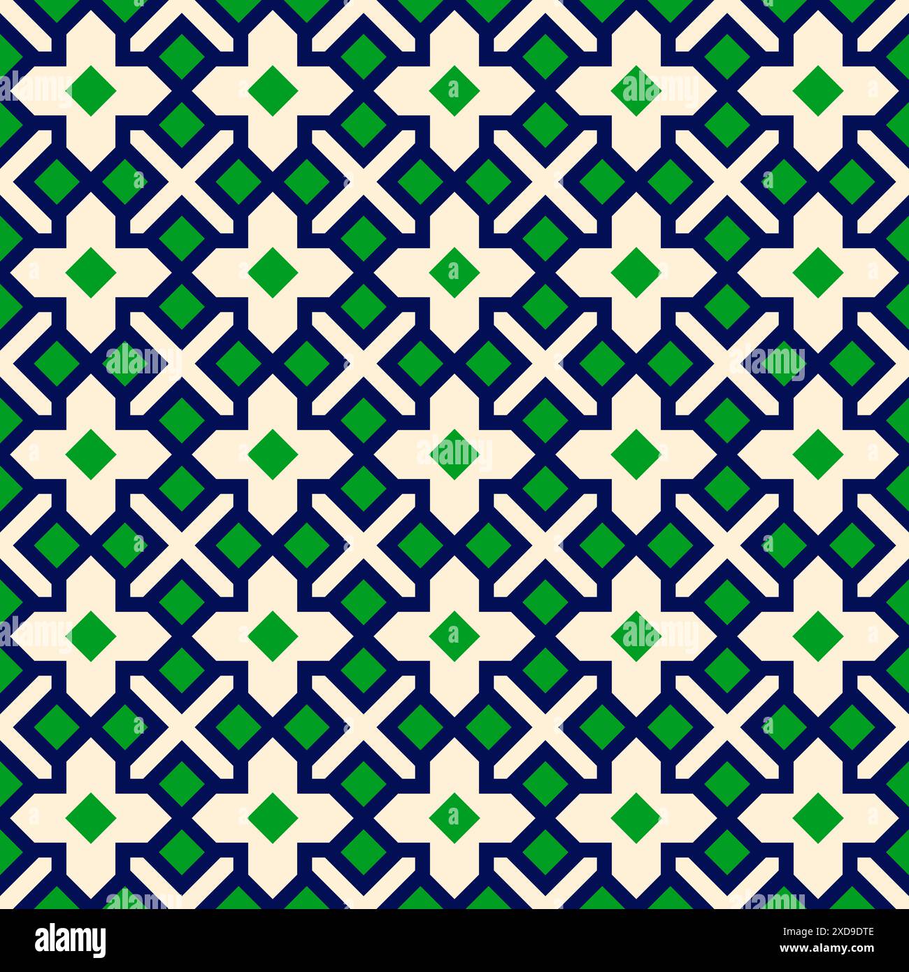 Sfondo geometrico senza cuciture verde e blu, design grafico vettoriale piatto, design simmetrico, motivo senza cuciture in stile islamico Illustrazione Vettoriale