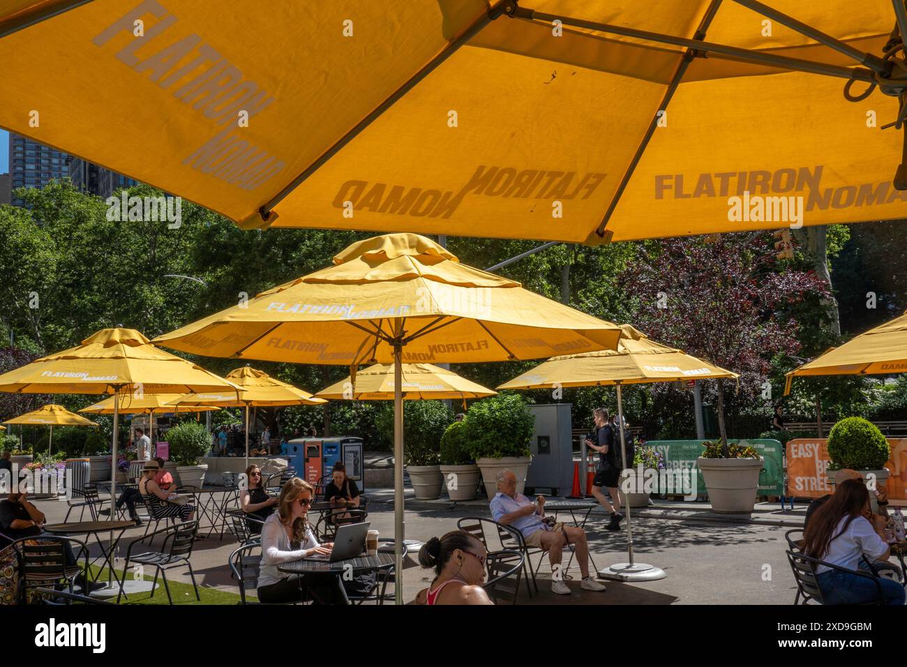 L'area pubblica con posti a sedere a Fifth Avenue e 23rd St. Presenta ombrelli gialli luminosi per ombra, 2024, New York City, Nomad, Stati Uniti Foto Stock