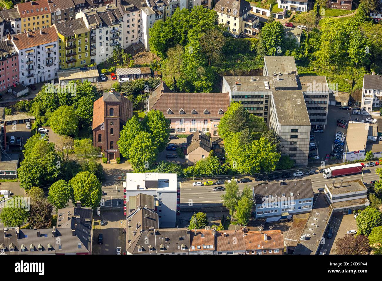 Vista aerea, Procura di Hagen e Chiesa protestante riformata, Mittelstadt, Hagen, regione della Ruhr, Renania settentrionale-Vestfalia, Germania, Hagen pu Foto Stock