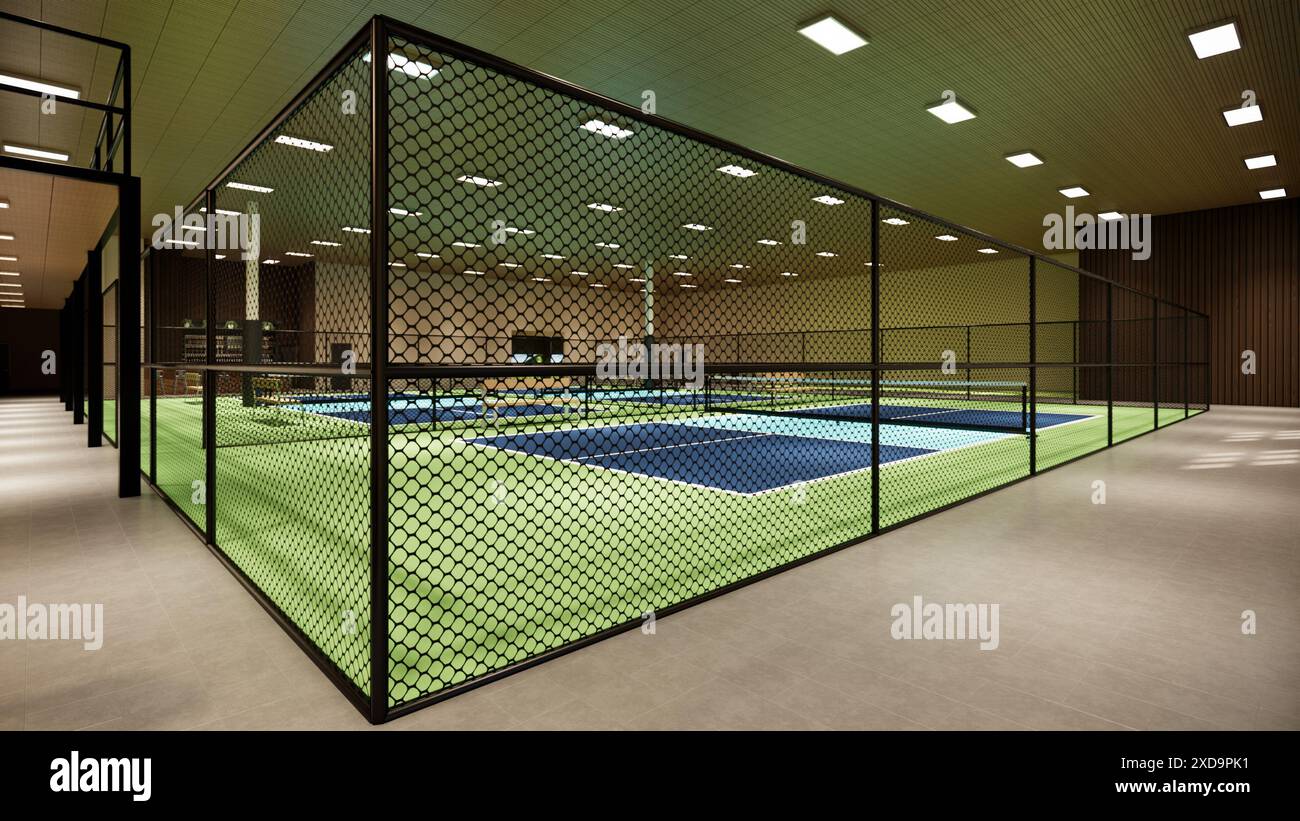 Rappresentazione 3D di un campo da pallacanestro al coperto con colori blu e verde in un complesso sportivo Foto Stock