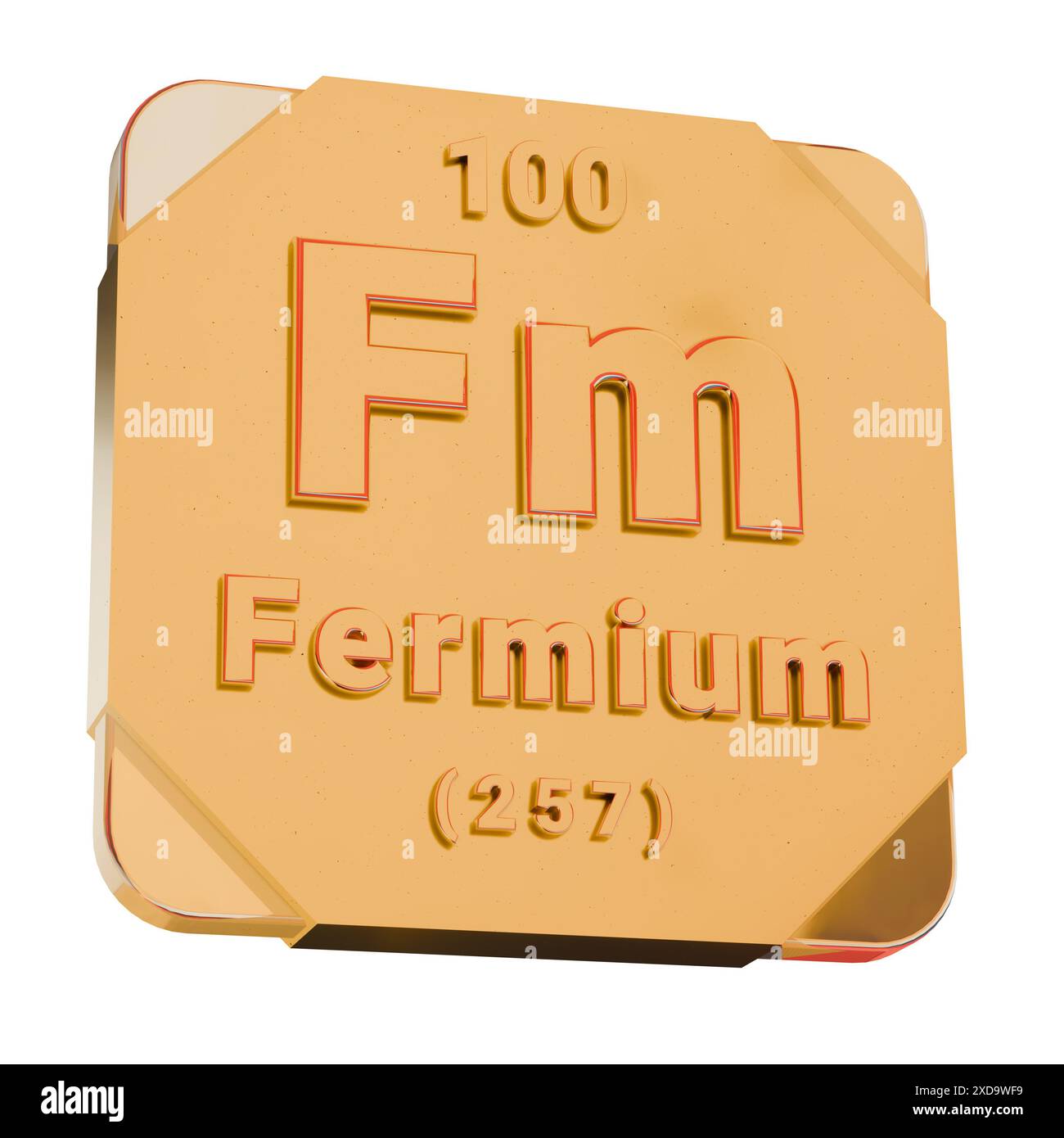 Icona dorata 3D - elemento in fermio (FM) dalla tabella periodica Foto Stock